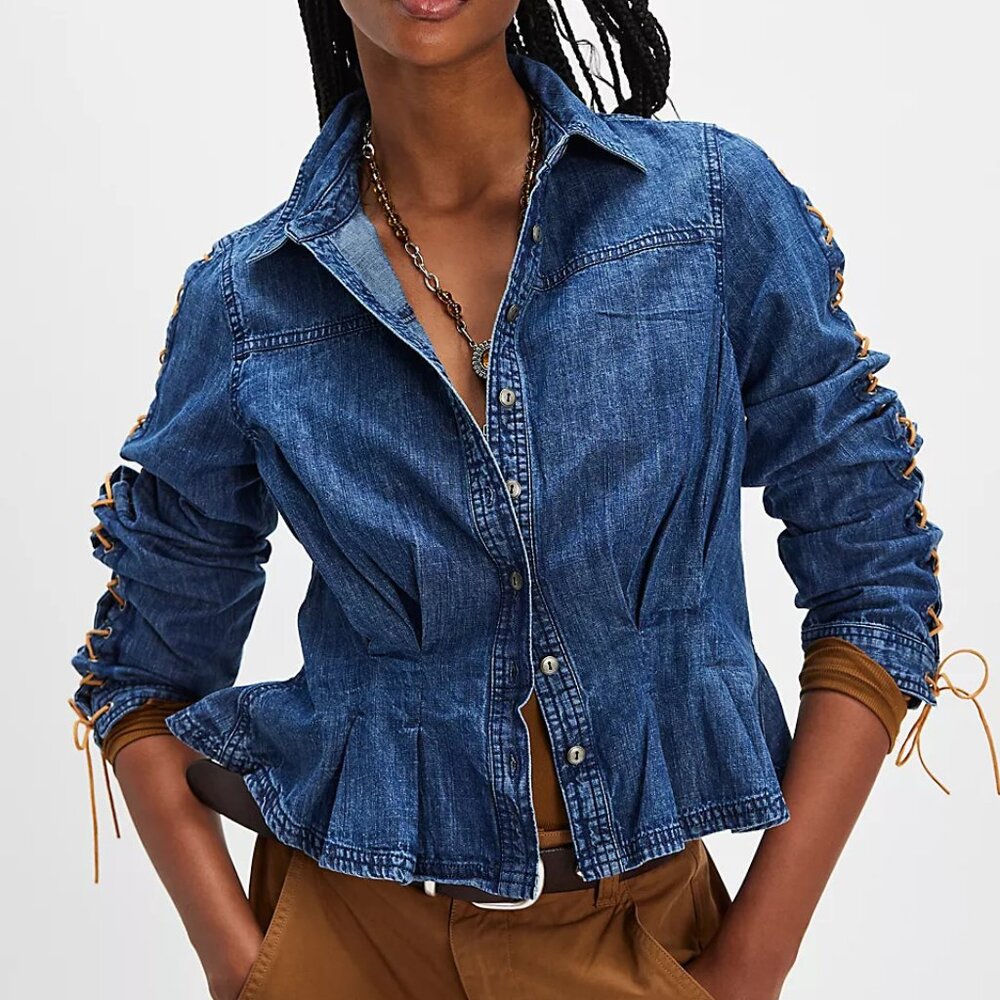 Free People Dark Denim Lace-Up Peplum Shirt Jacket